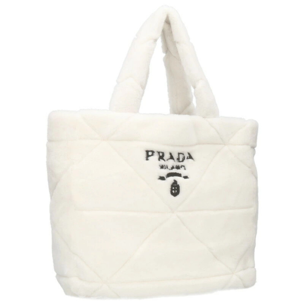 Prada Triangle Logo Plate Clutch Shearling Tote Bag White